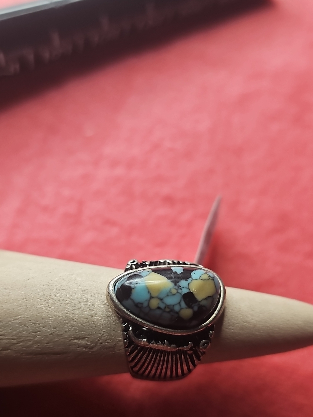 Turquoise Patterned Stone Silver Ring - Blue and Yellow NWT FREE PEOPLE